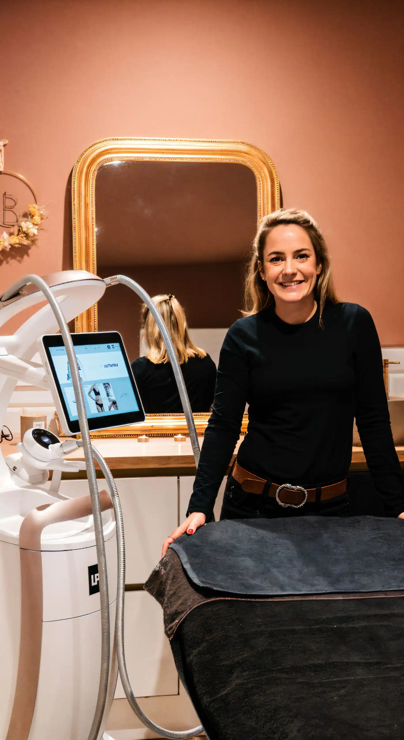 Portrait d'une employé du salon à coté d'un appareil LPG