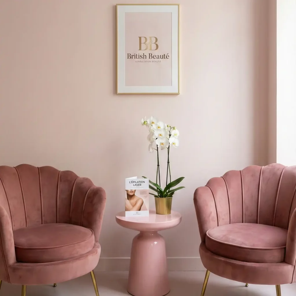 Photo salon british beauté, 2 fauteuils couleur fuschia avec un support rose et une orchidée entre les deux.
